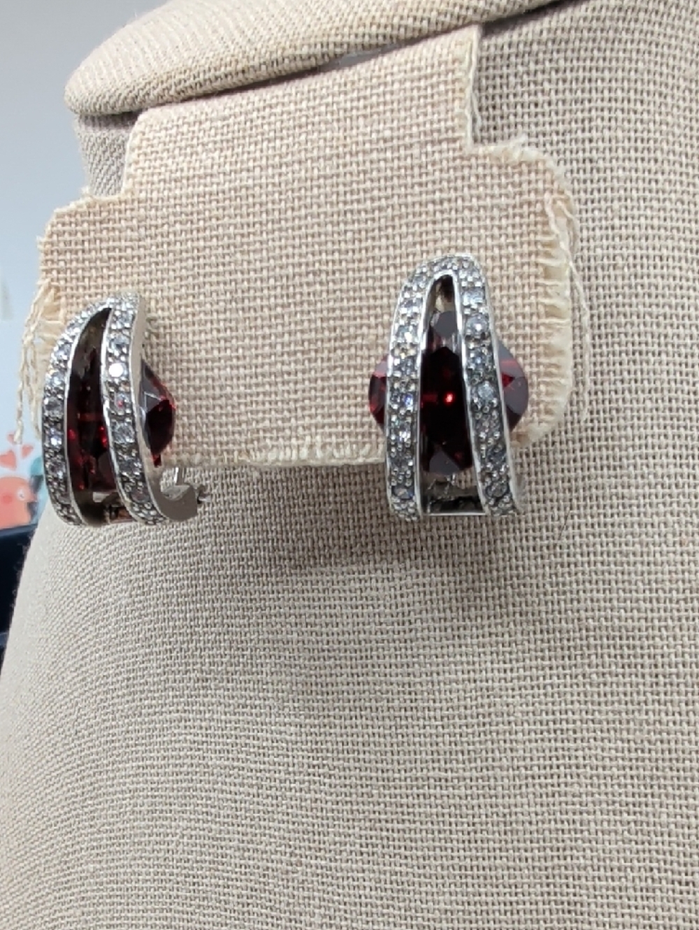 Vintage 925 Sterling Silver Garnet Half Hoop Lever Back Earrings - Picture 8 of 17